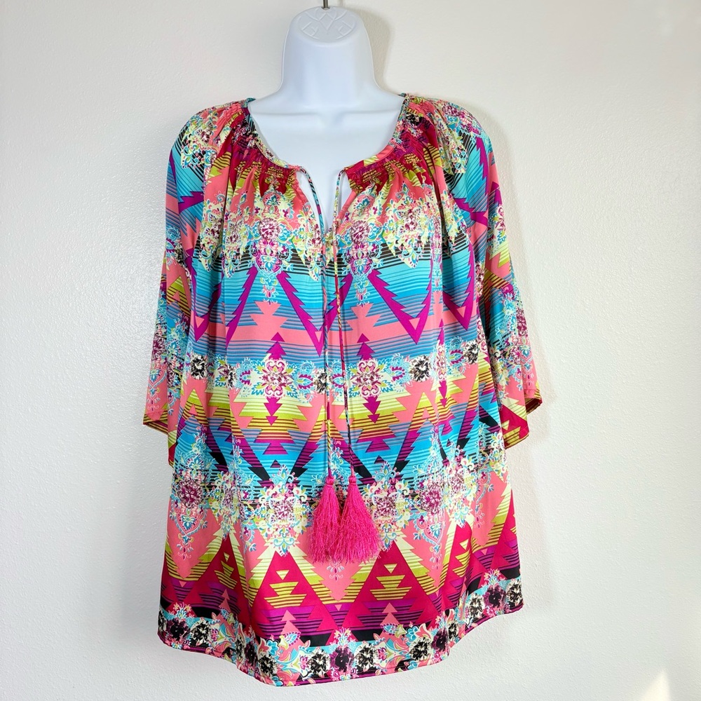 KAS Design Vibrant Multicolor Women's Tunic Top SzXL Boho Dopamine Dress Bold